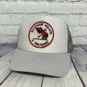Vintage Trucker Hat Mesh Bashaw Meats & Sausage Cap Embroidered Patch - Stains